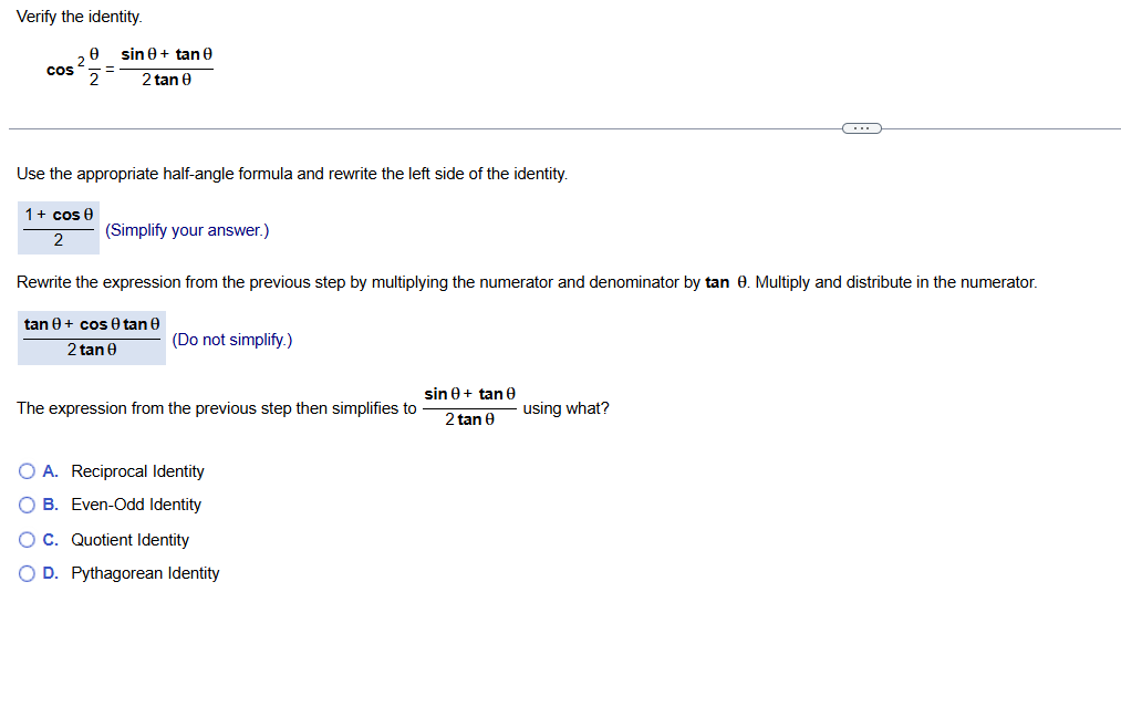 answer Verify the identity. A sin 0 + tan 0 cos 2