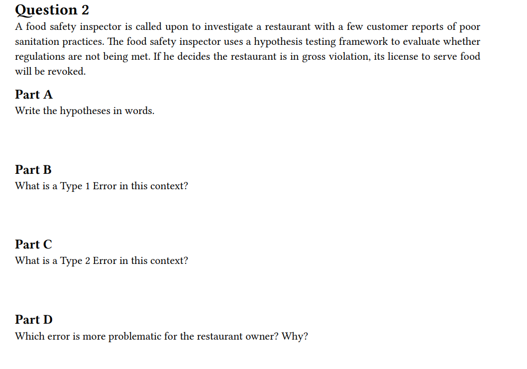 correst answer Question 2 A food safety inspector