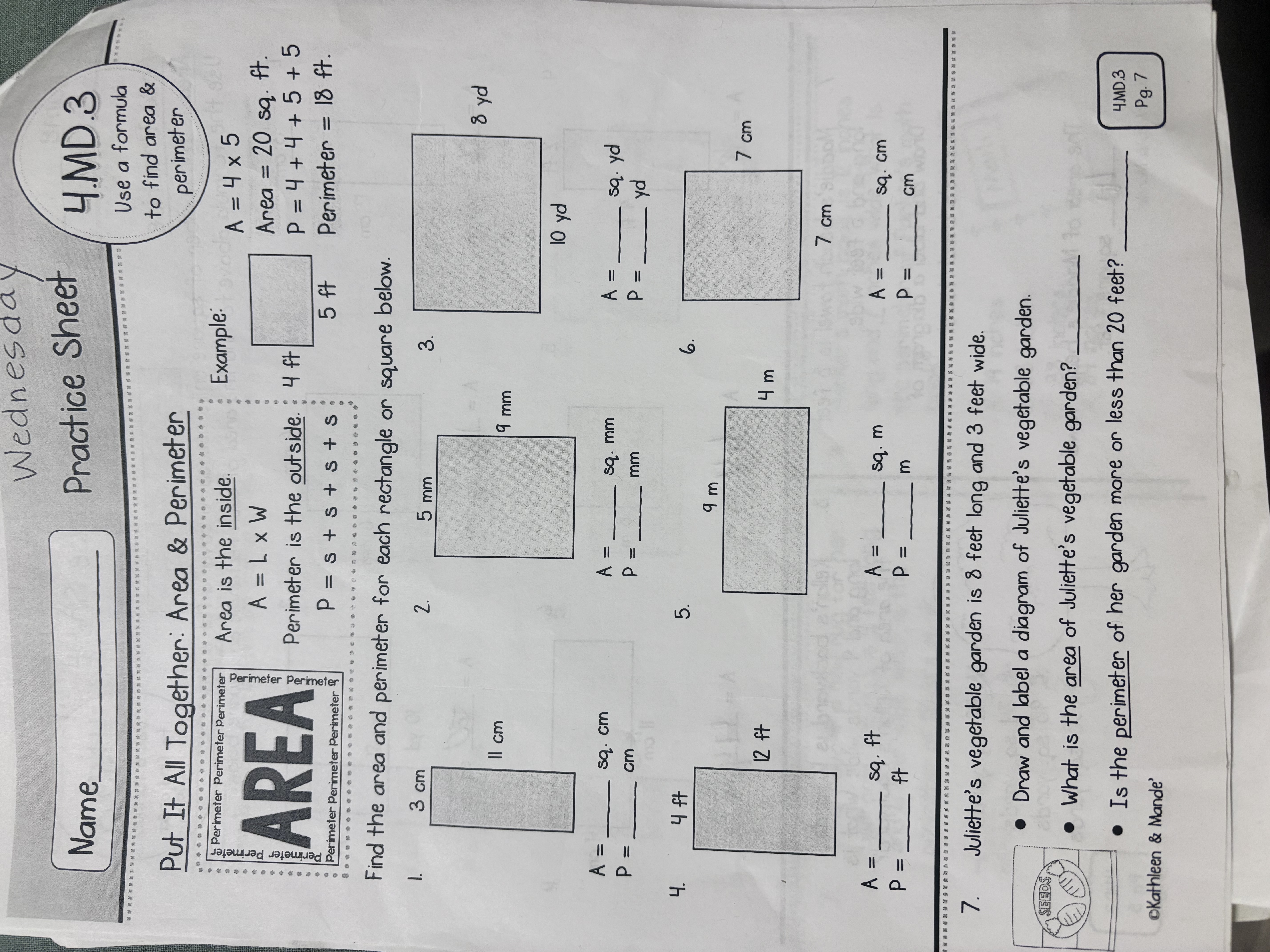 Answer Wednesday Name Practice Sheet 4.MD.3 Use a