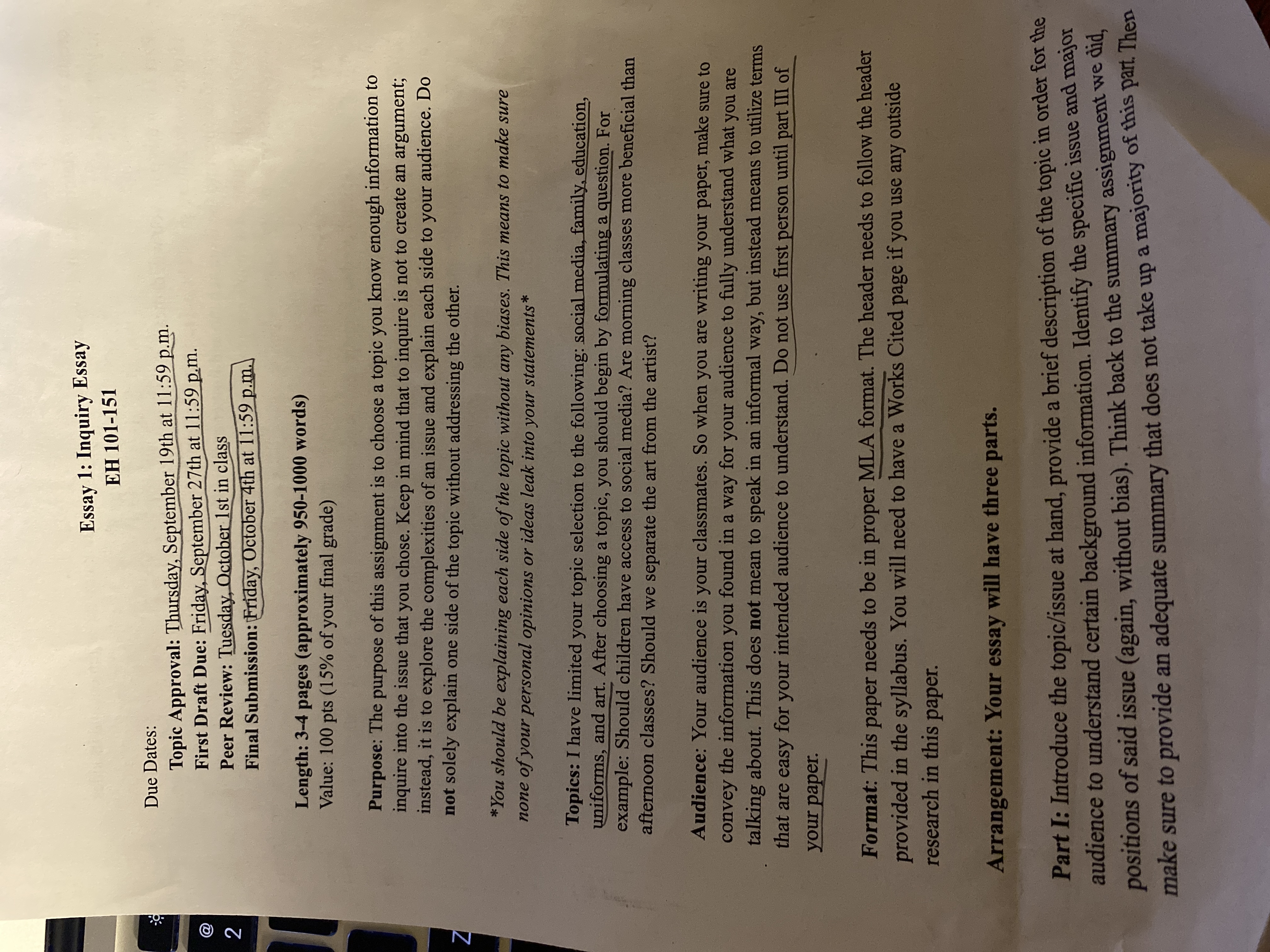 Essay 1: Inquiry Essay EH 101-151 Due Dates: