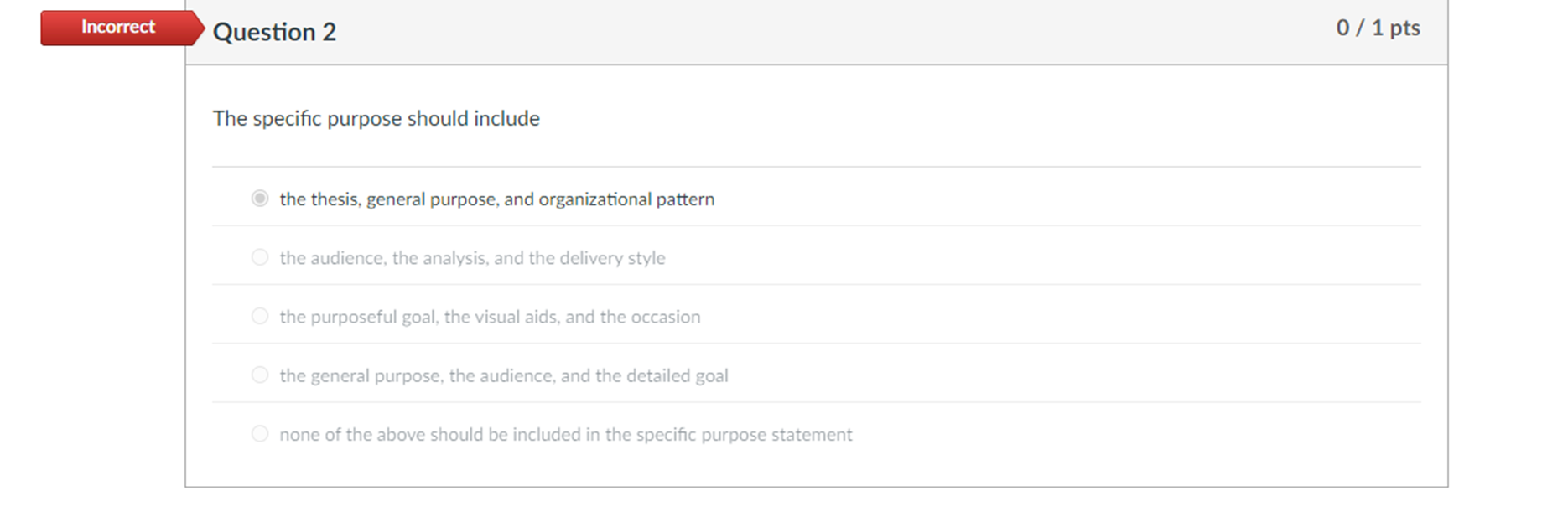 Question 2 0/1pts The specific purpose should