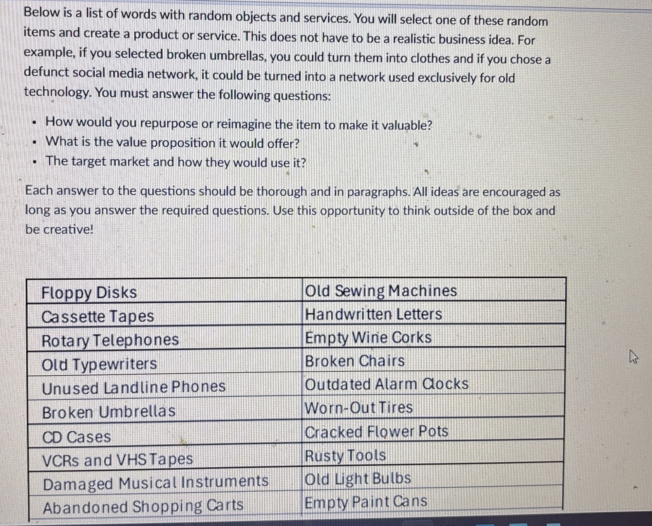 Below is a list of words with random objects and