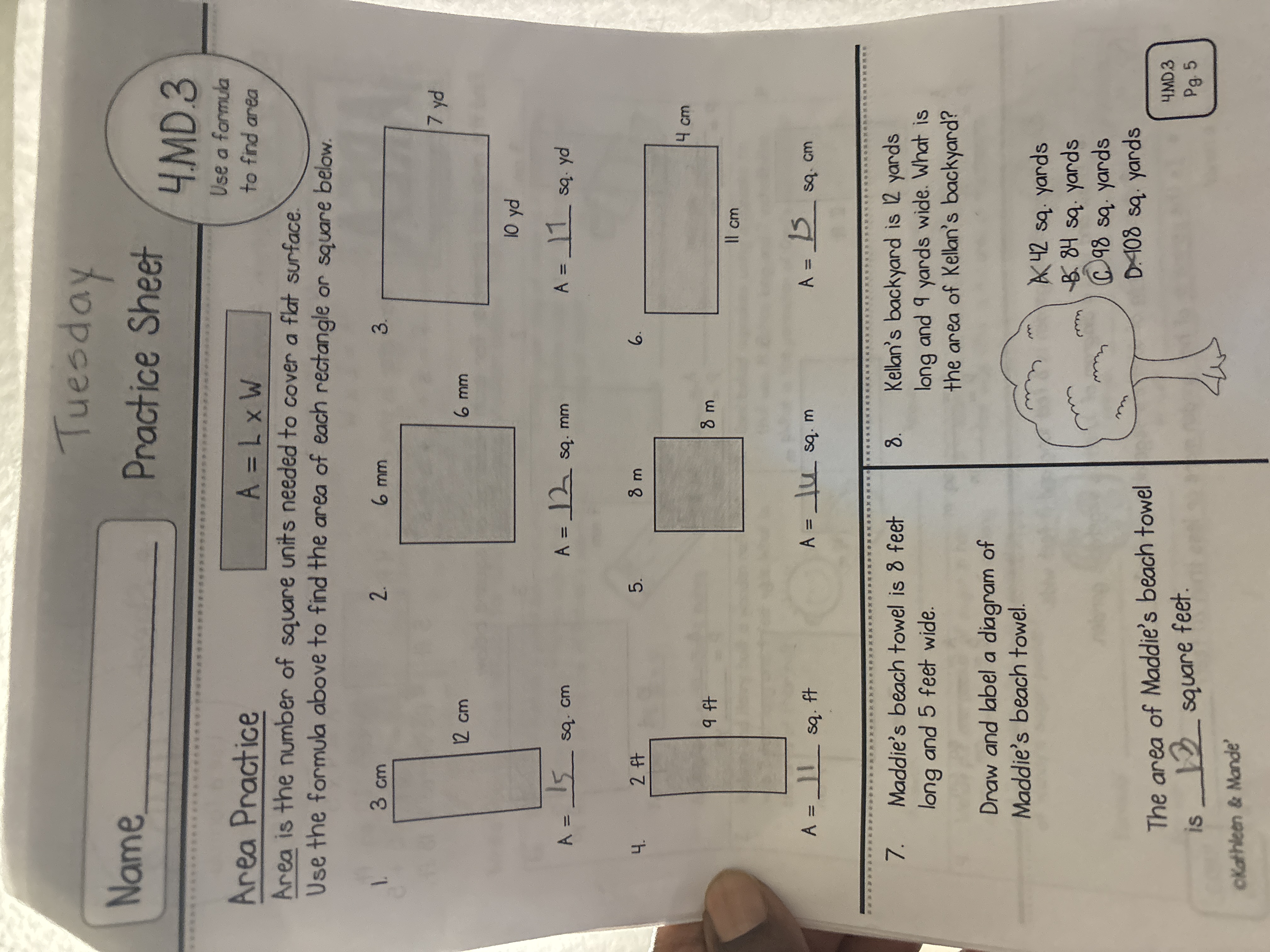 Answer Tuesday Name Practice Sheet 4.MD.3 Use a