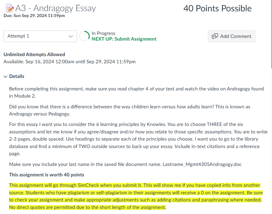* A3 - Andragogy Essay 40 Points Possible Due: