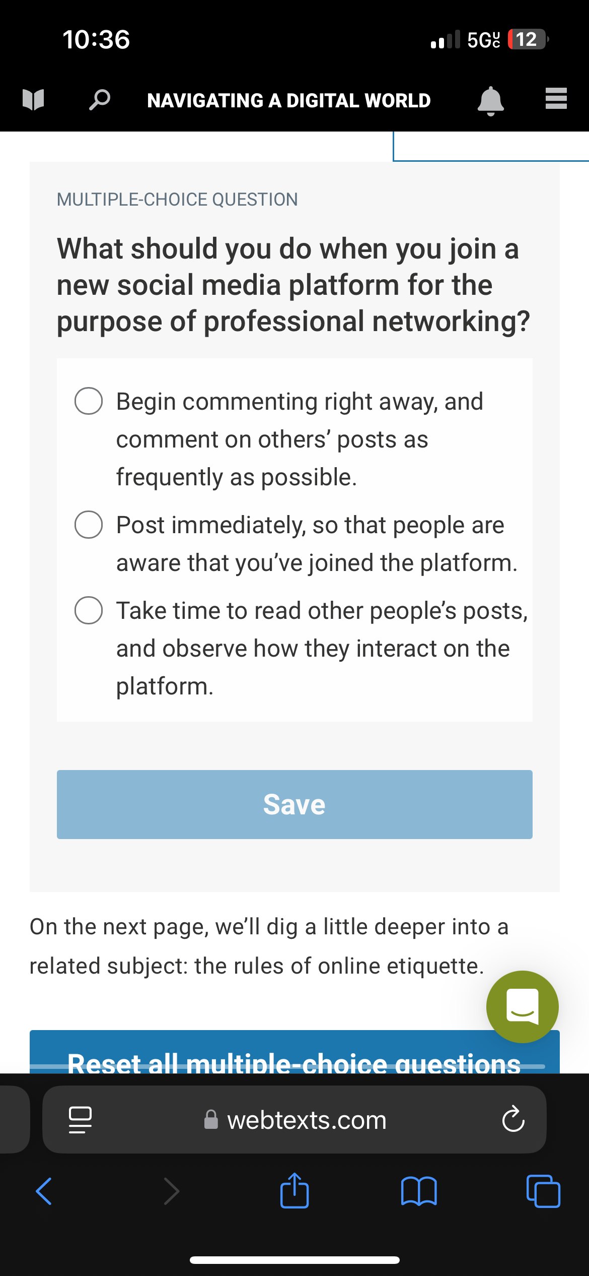 Answer 10:36 . 5G (12 L] NAVIGATING A DIGITAL