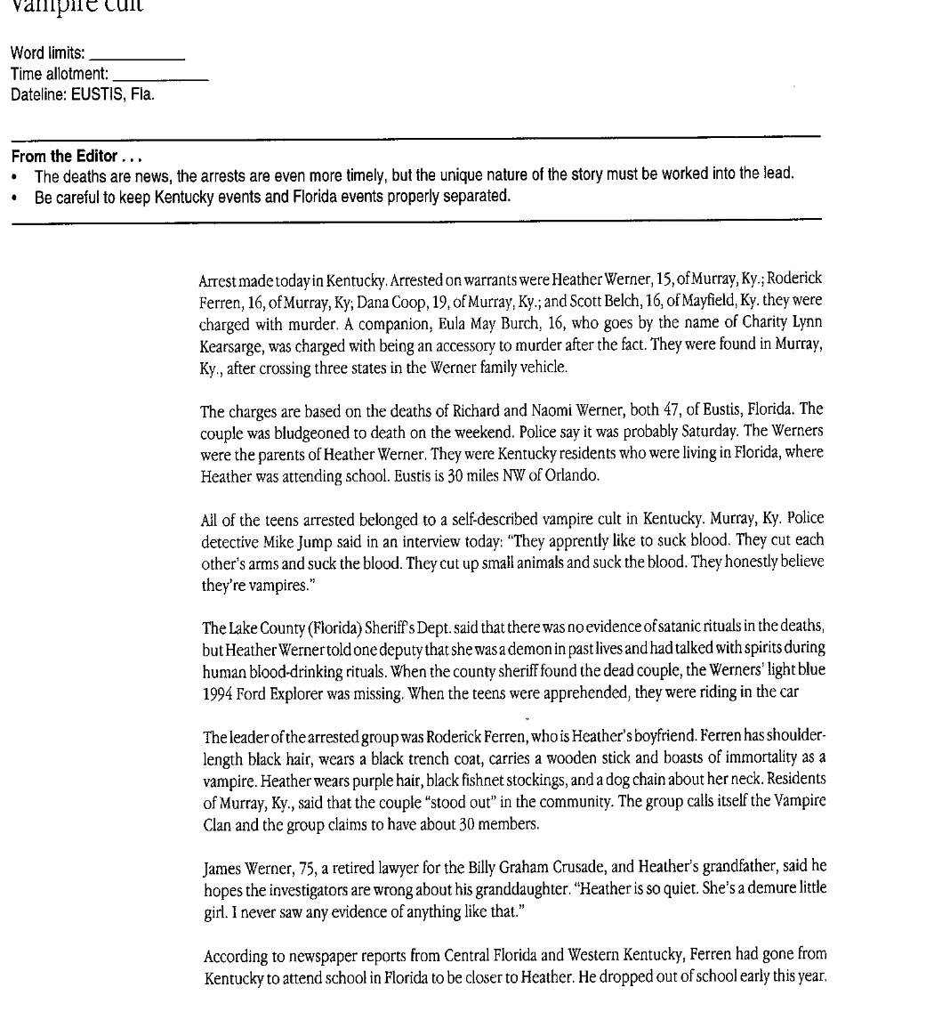 write story based on the vampire cult provided