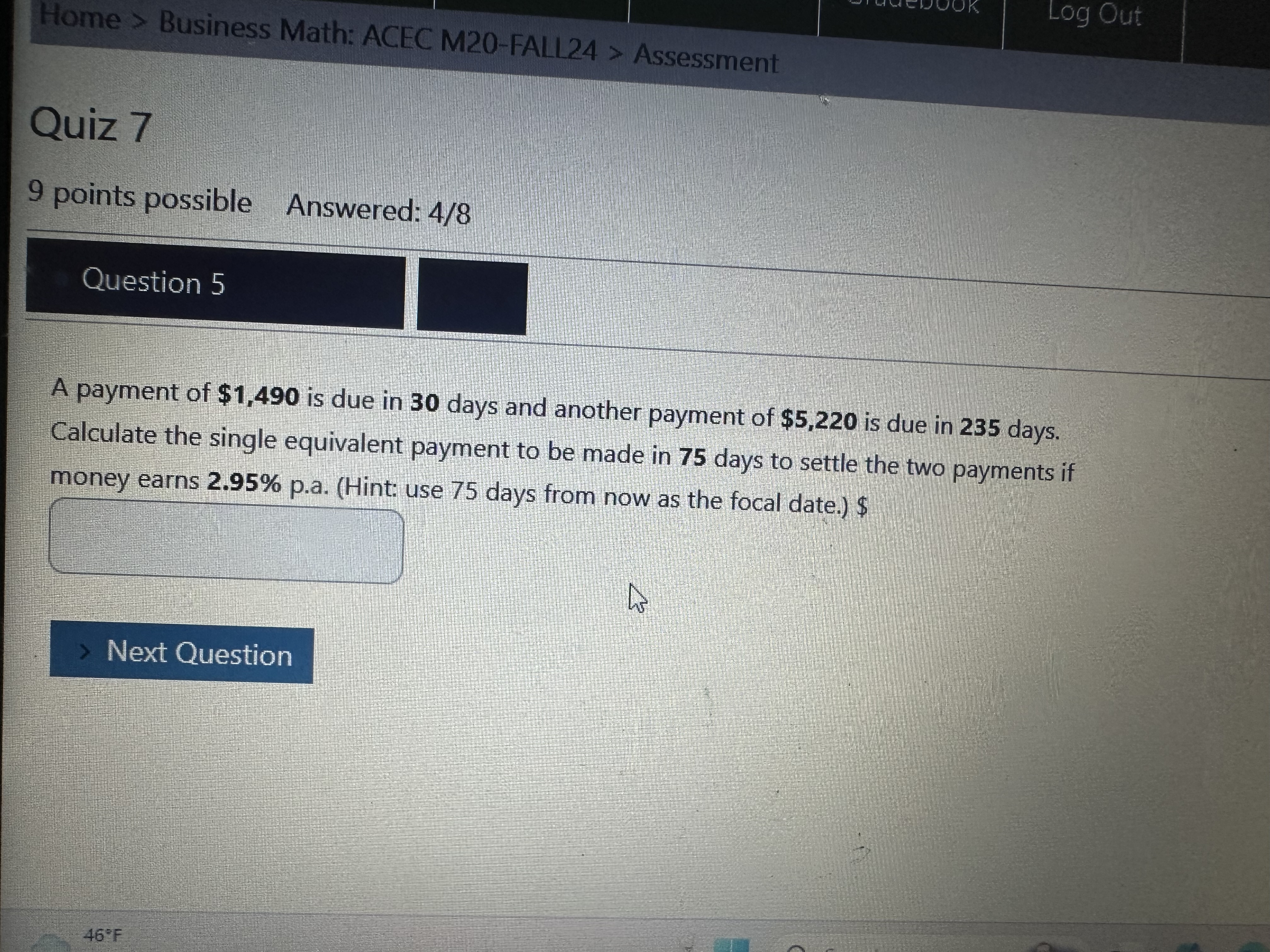 Answer JOOK Log Out Home > Business Math: ACEC