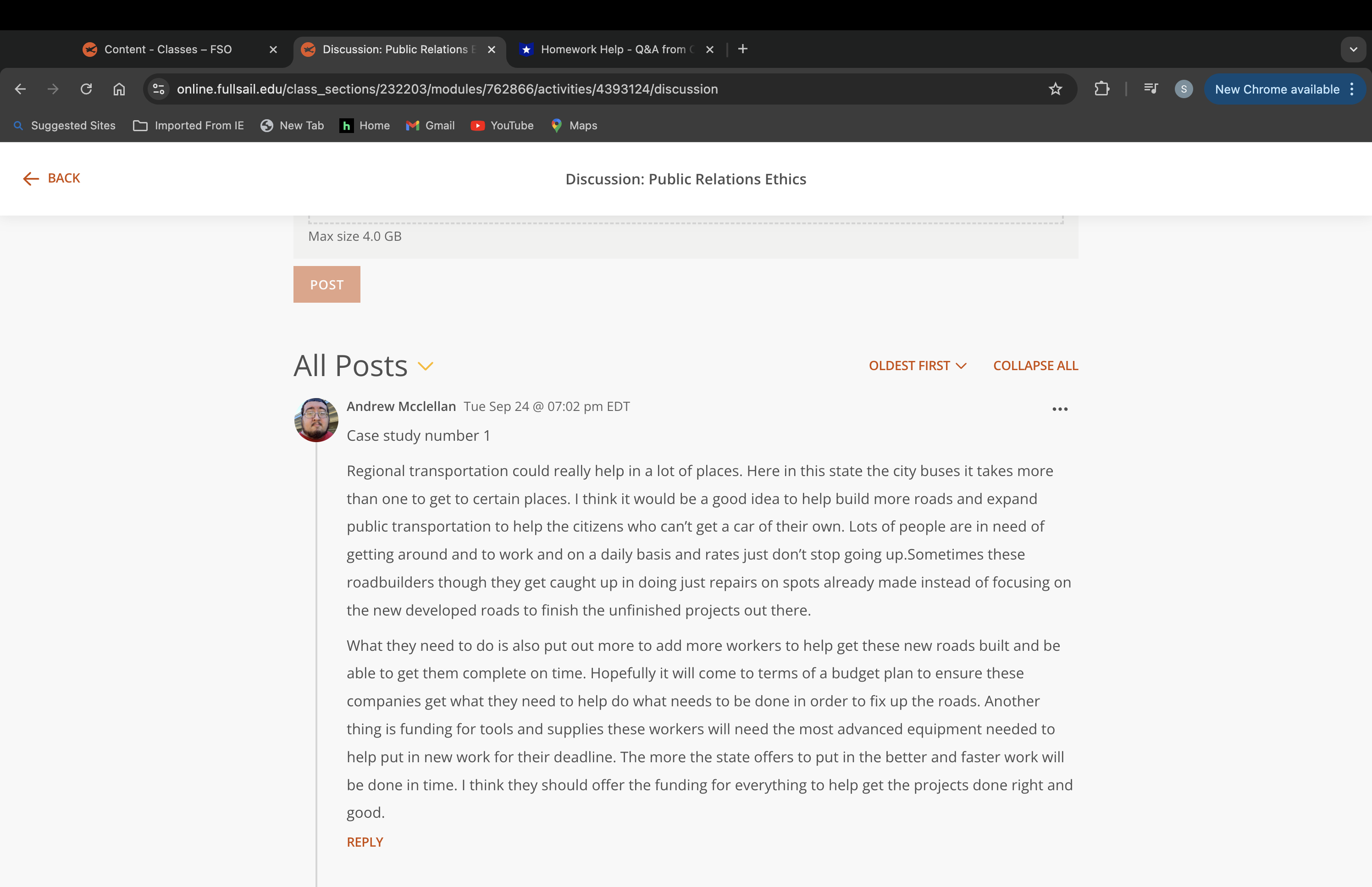 Enter a response post to your classmate's initial
