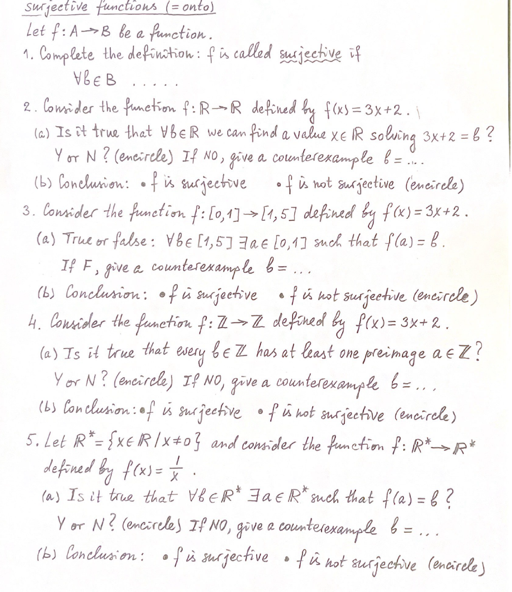 answer each part surjective functions (= onto)