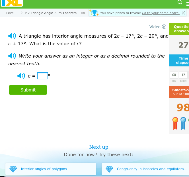 answer Q Level L > F.2 Triangle Angle-Sum Theorem