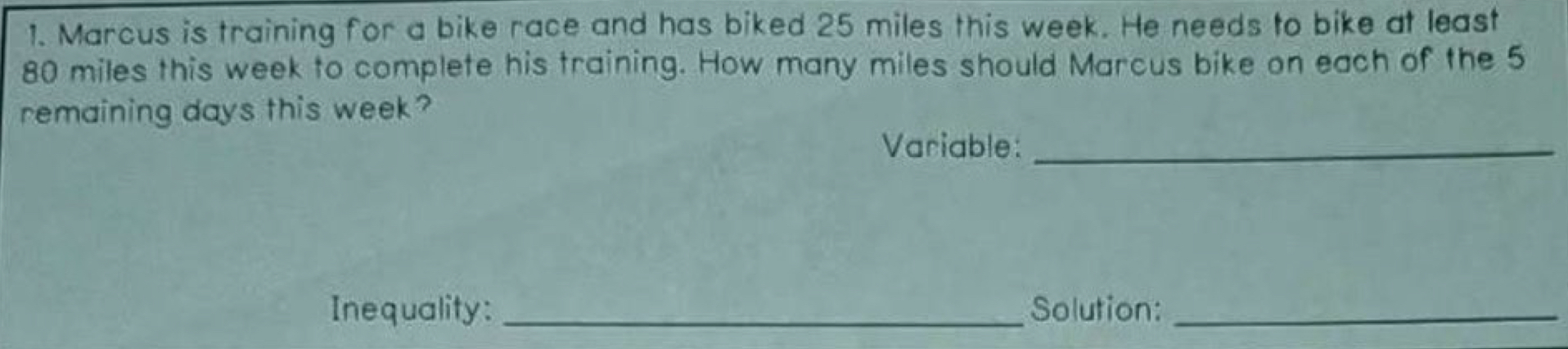 Answer 1. Marcus is training for a bike race and