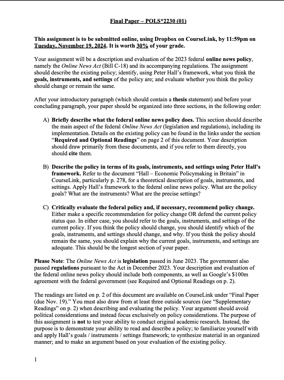 Final Paper POL.8*2230 (01) This assignment is to