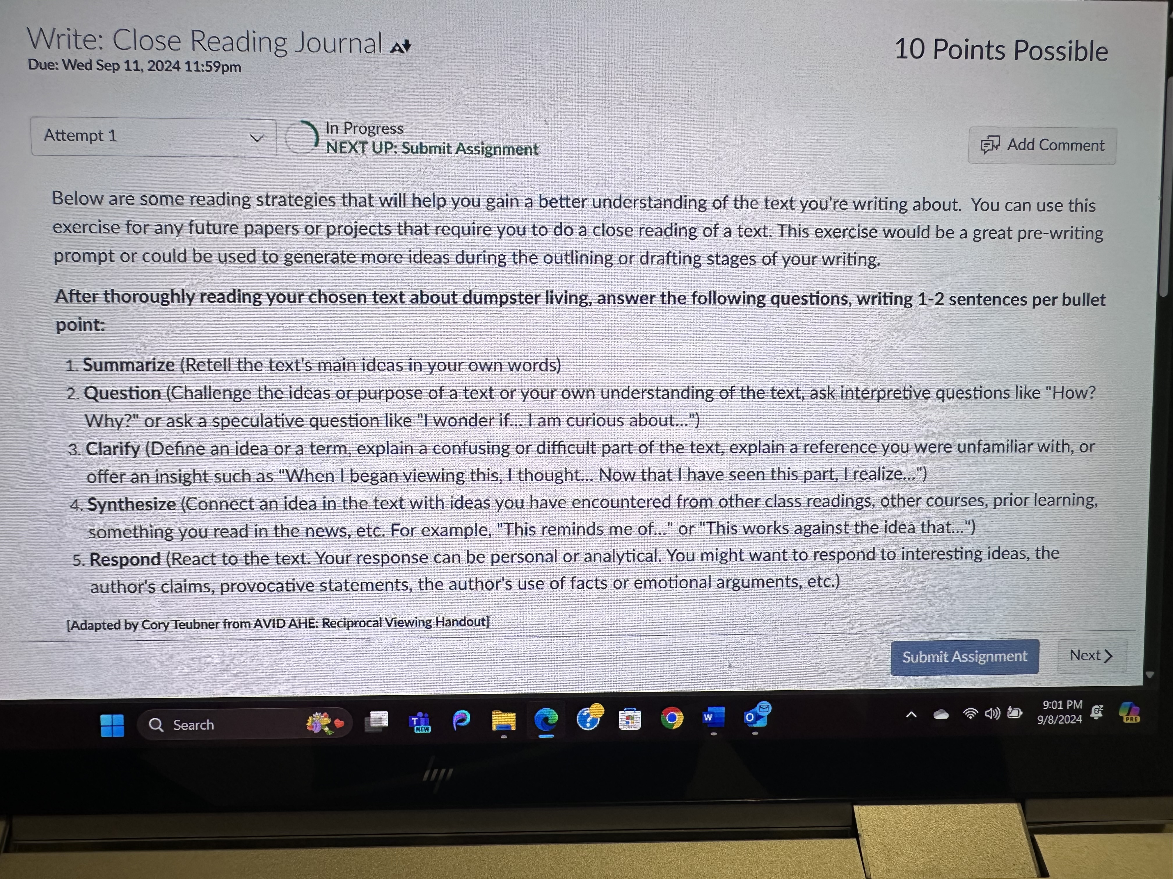 Write: Close Reading Journal At 10 Points