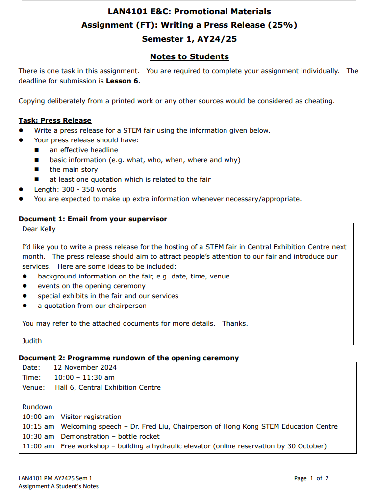 LAN4101 E&C: Promotional Materials Assignment