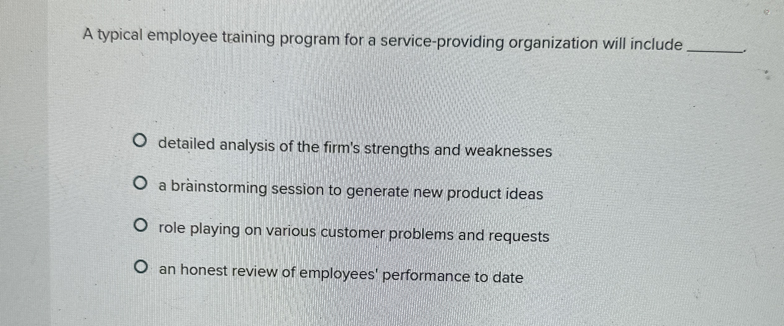 A typical employee training program for a service