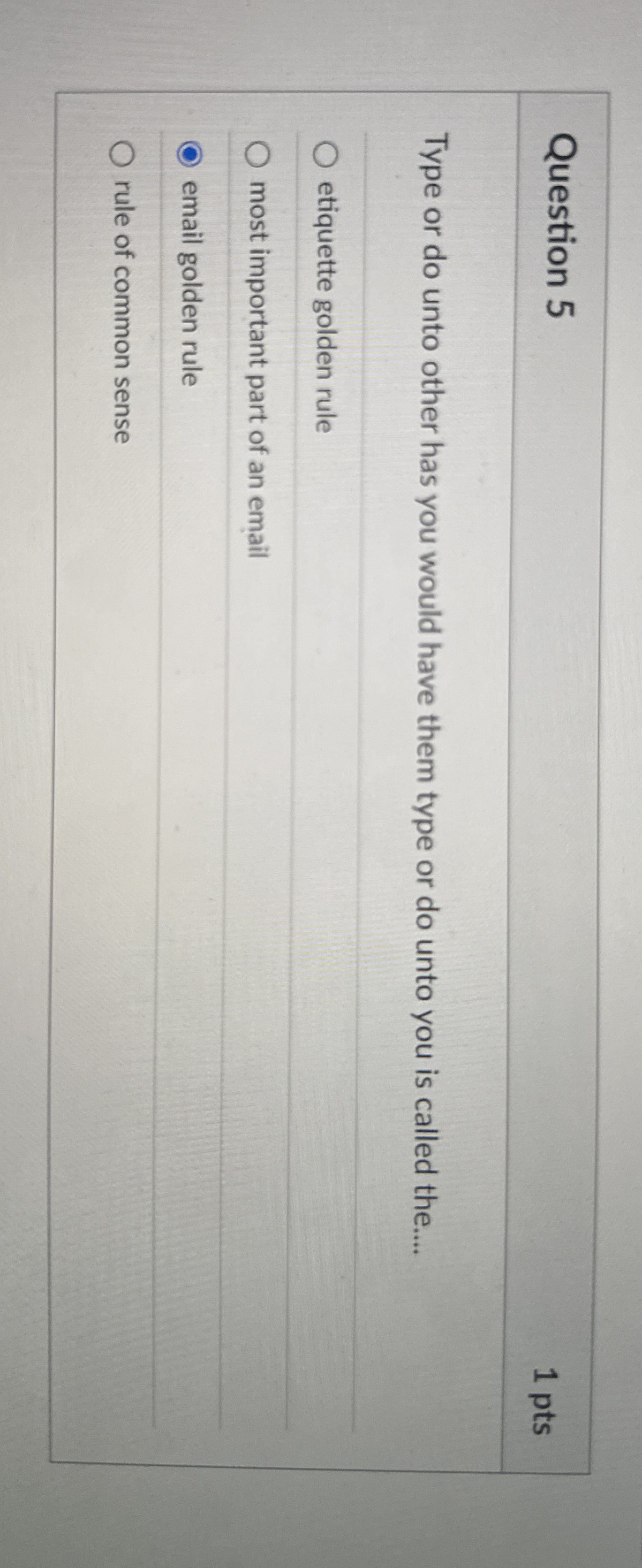 Question 5 1 pts Type or do unto other has you
