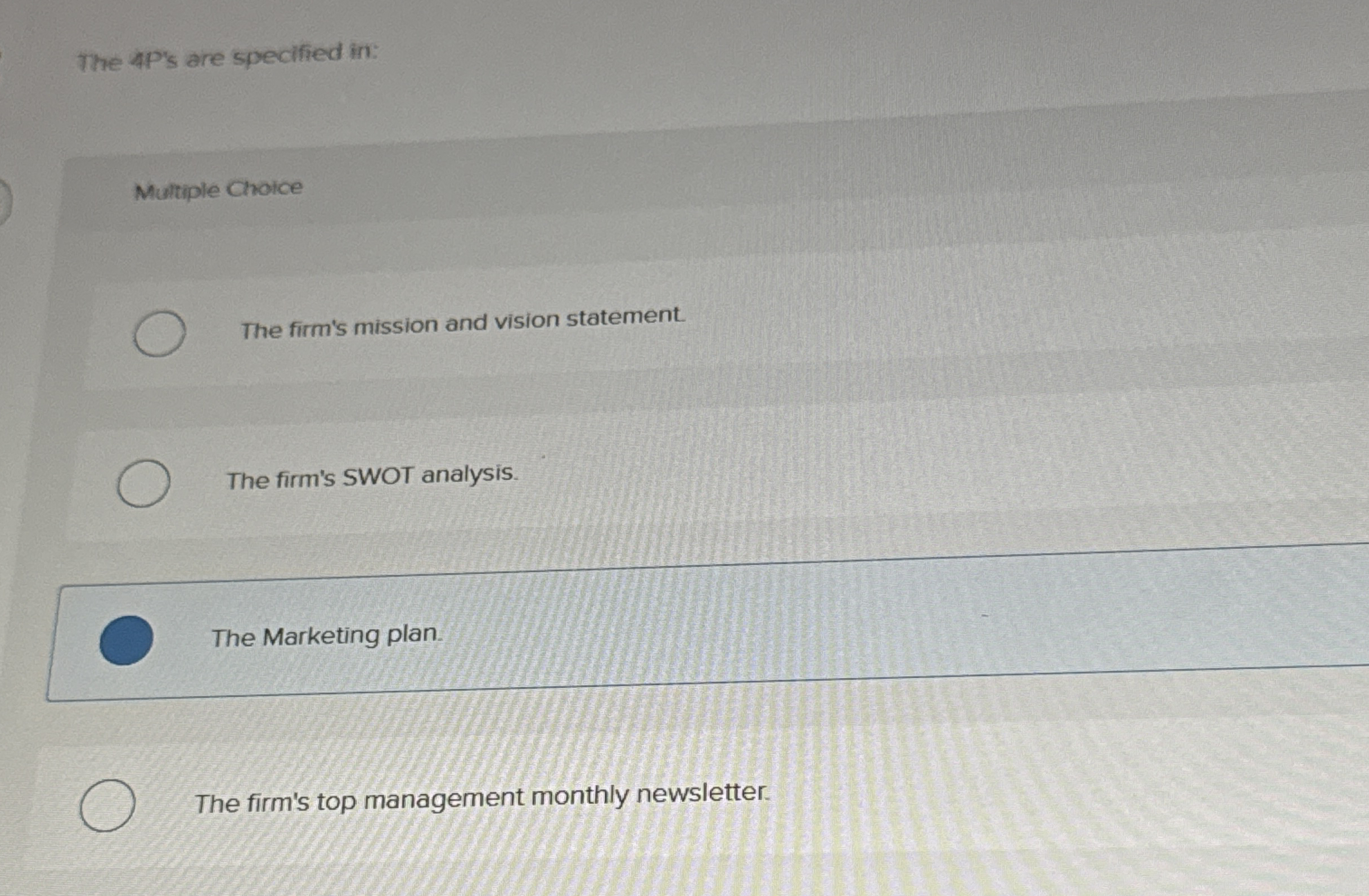 The 4 P ' s are specified in: Multiple Choice The