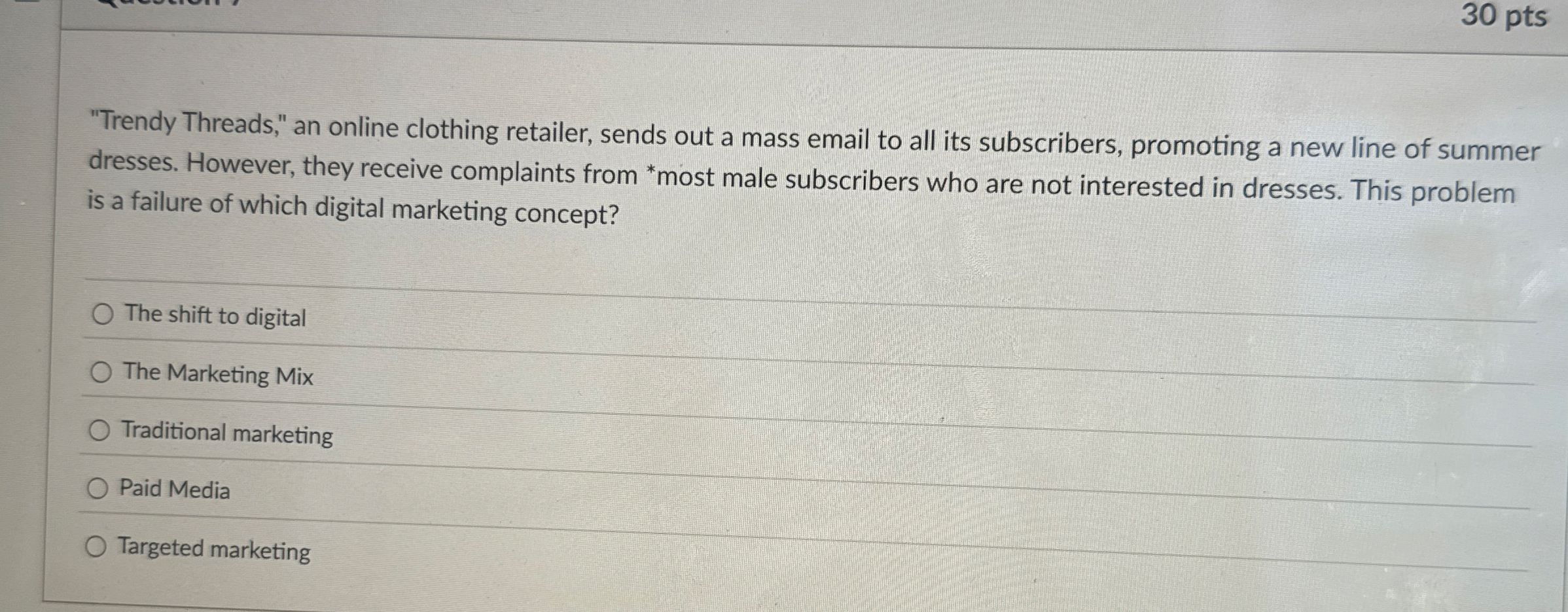 3 0 pts "Trendy Threads," an online clothing