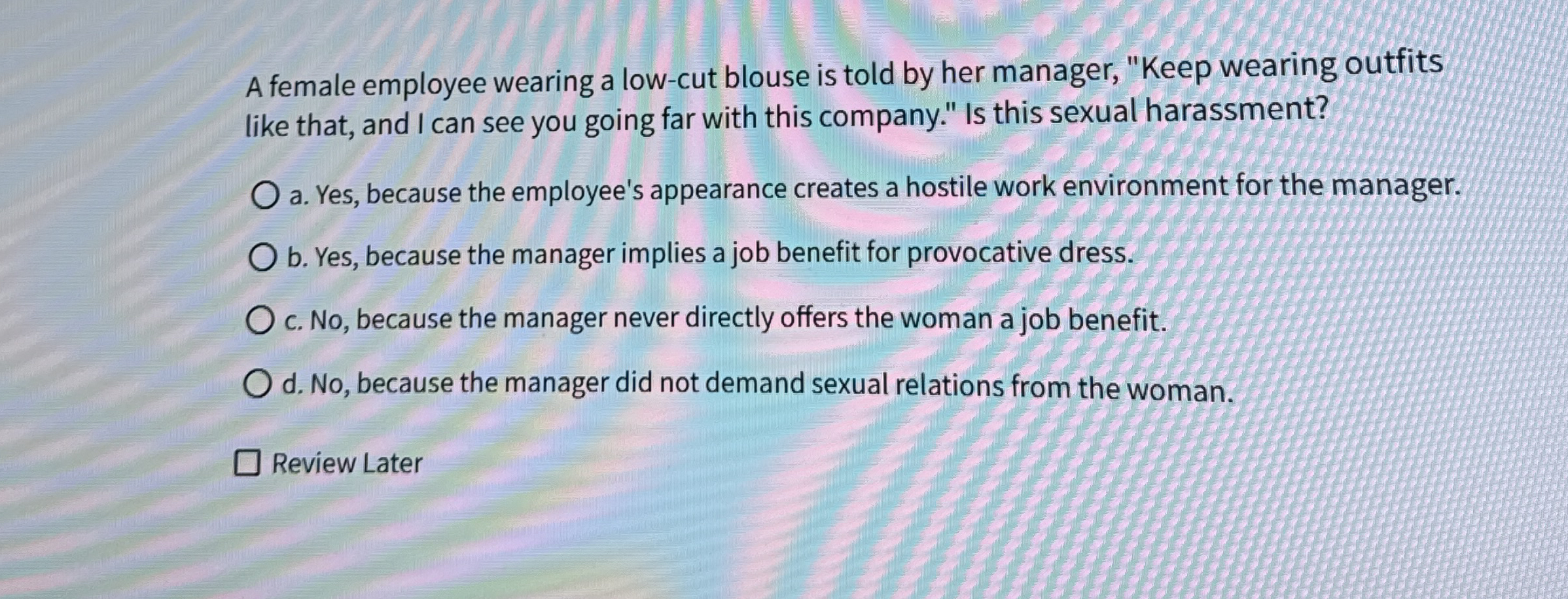 A female employee wearing a low - cut blouse is