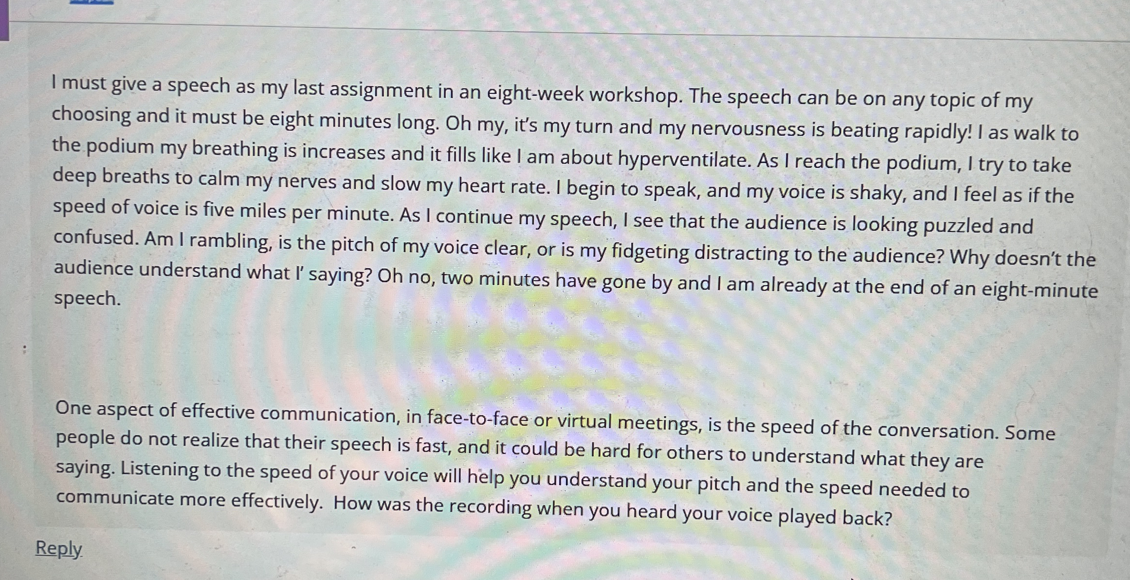 I must give a speech as my last assignment in an