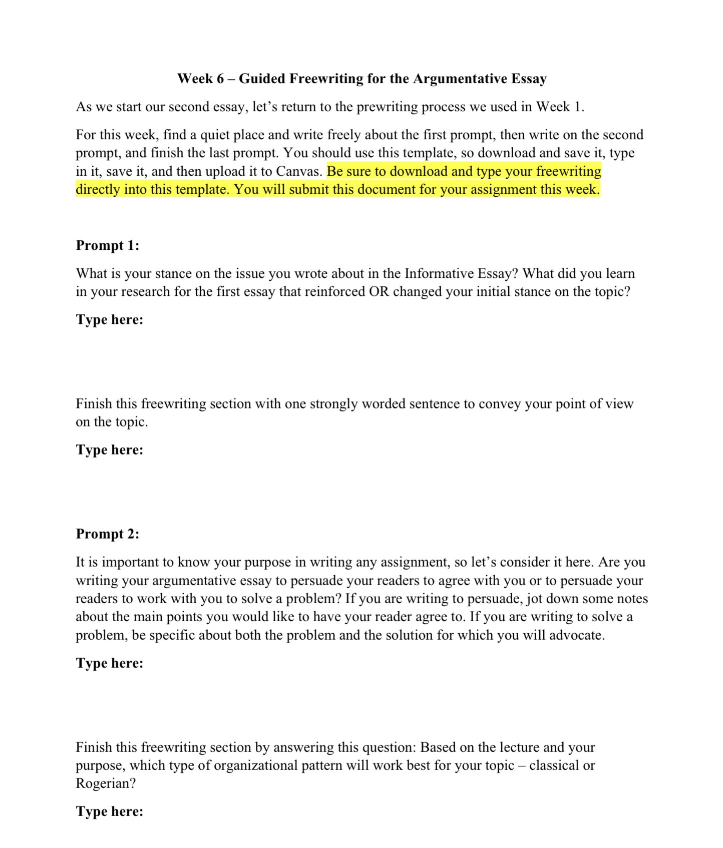 Week 6 Guided Freewriting for the Argumentative