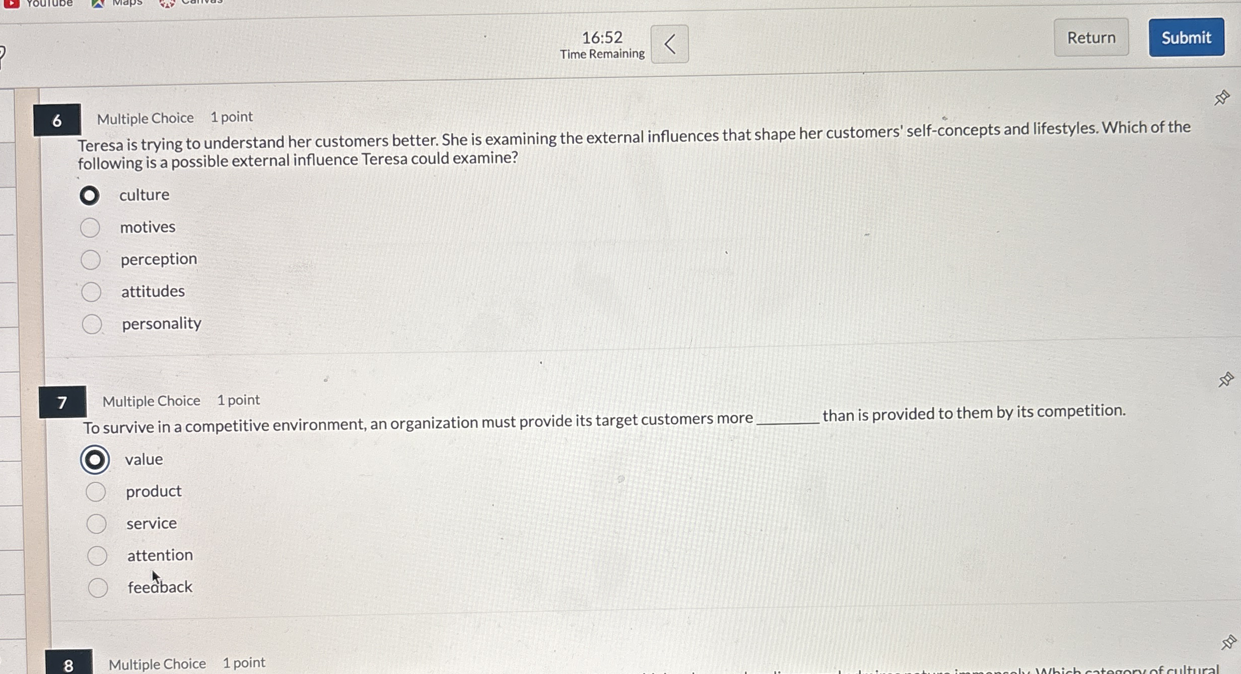 1 6 : 5 2 Time Remaining 6 Multiple Choice 1