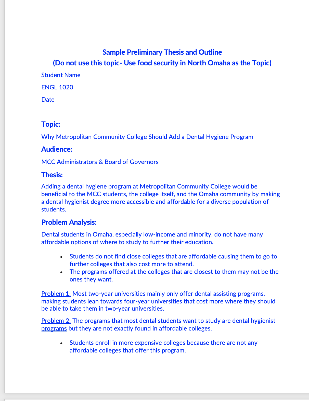 For this assignment, writ e a preliminary thesis