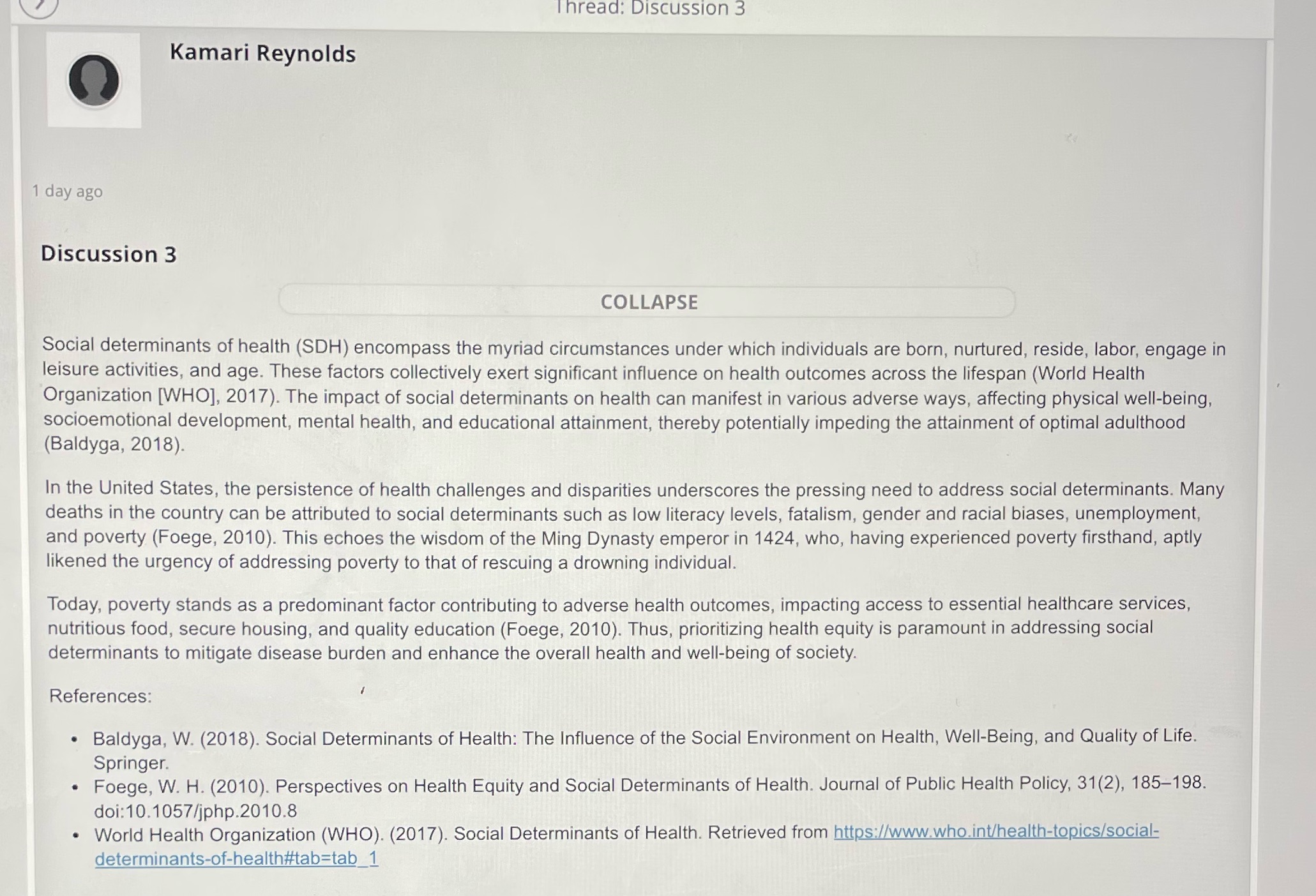 Please respond to Kamari post with additional