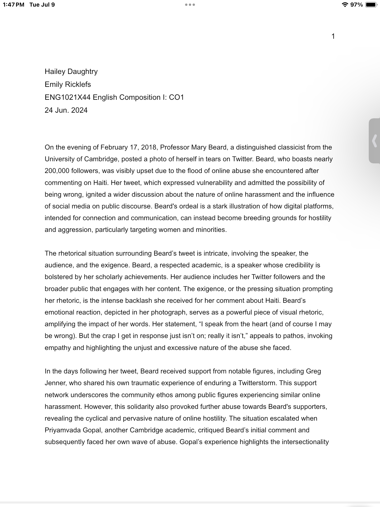 HI! This is my own first draft essay. Please