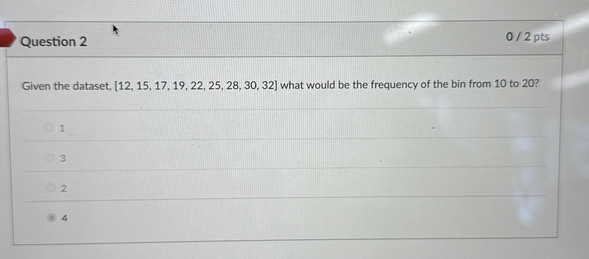 Question 2 0 2 pts Given the dataset, 1 2 , 1 5 ,
