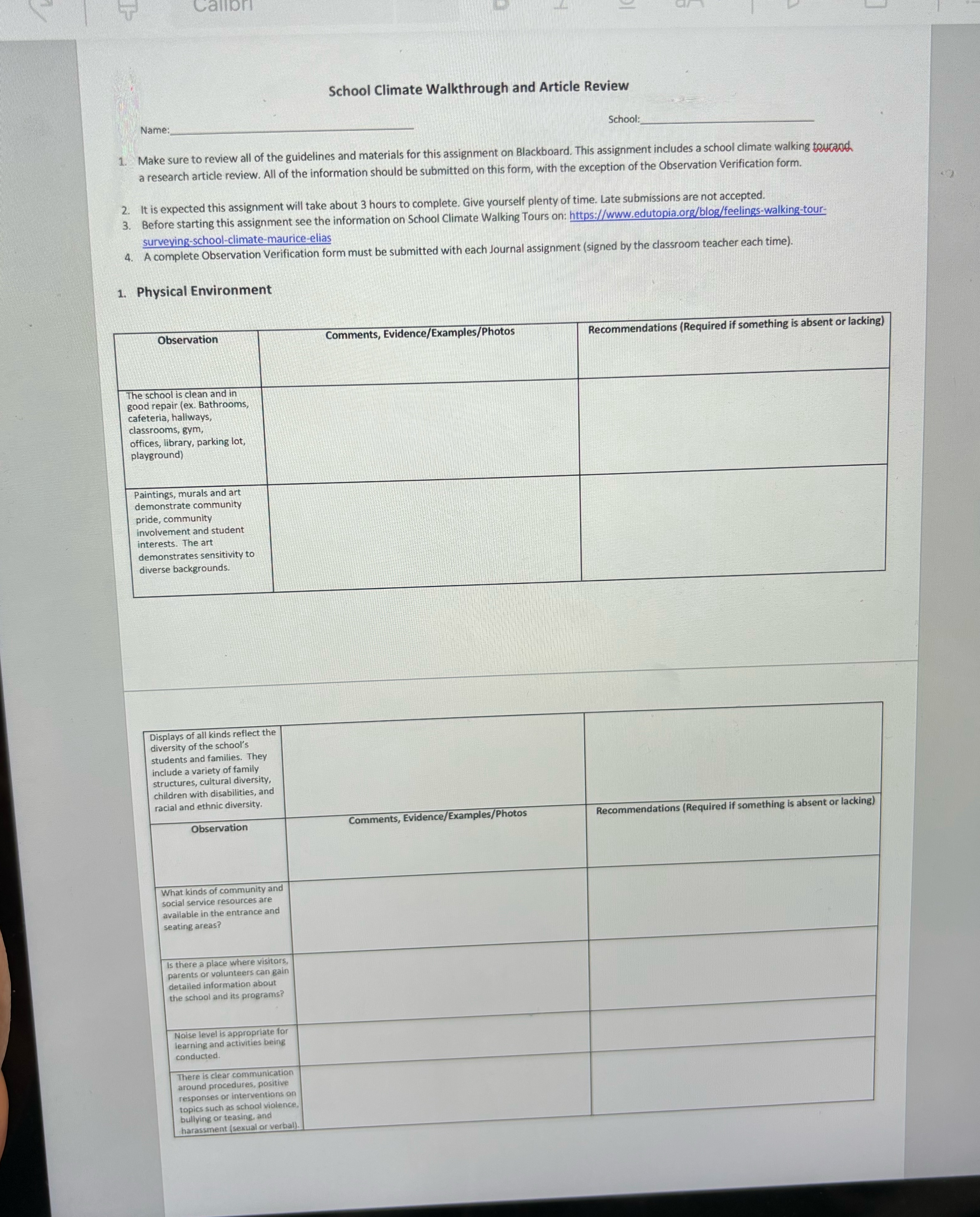 School Climate Walkthrough and Article Review