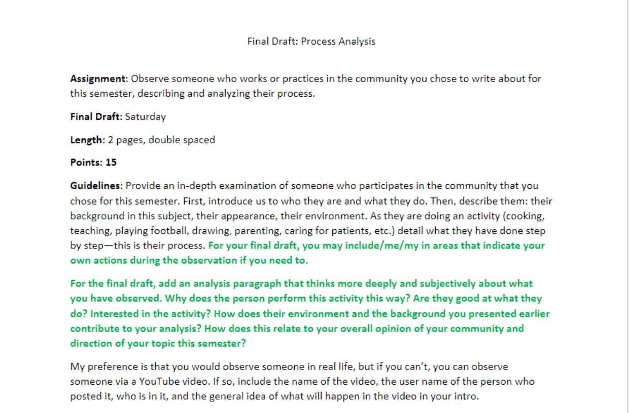 Process Analysis Final Draft (due Sat.) Final