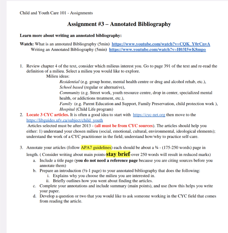 Child and Youth Care 101 - Assignments Assignment