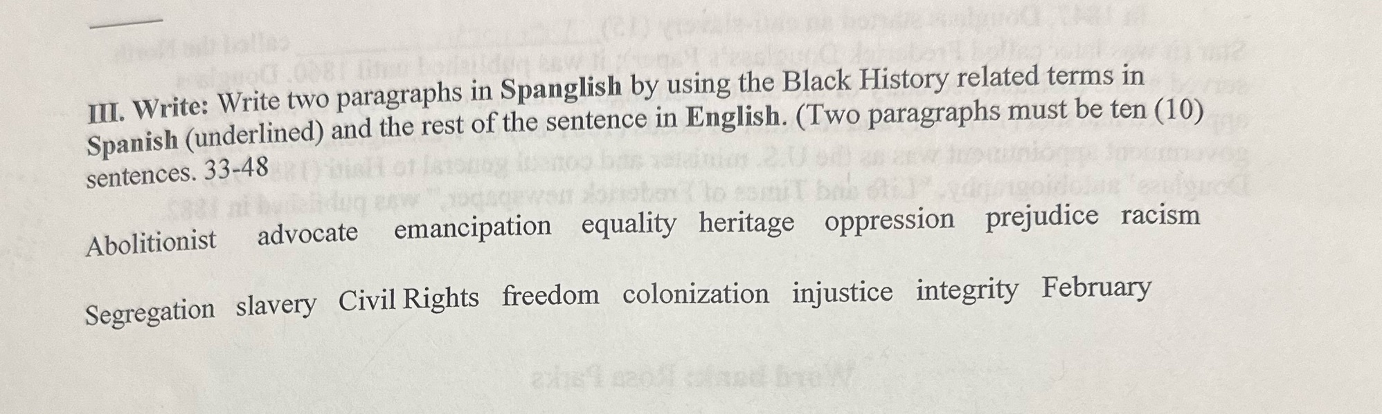 III. Write: Write two paragraphs in Spanglish by