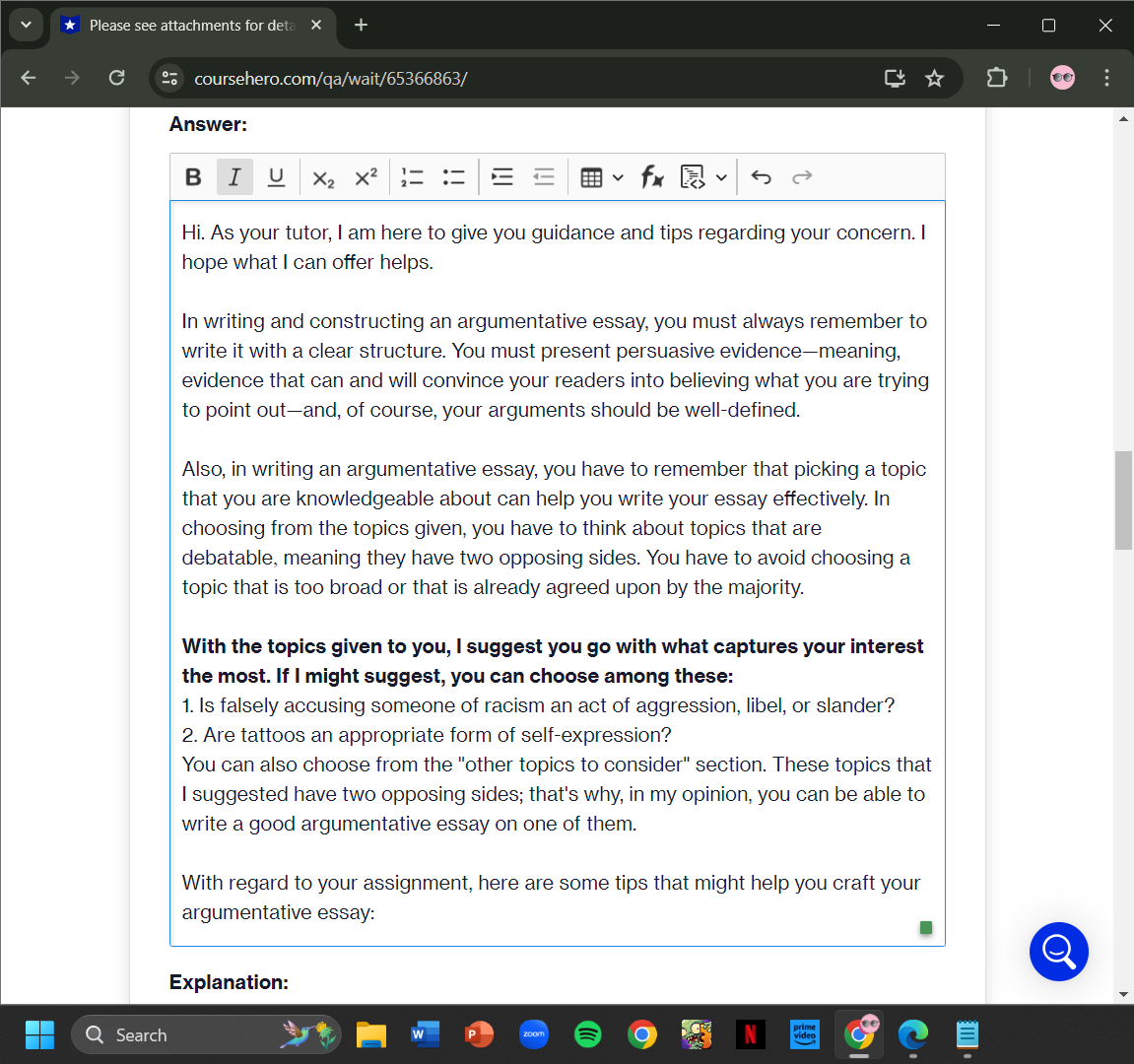 Instructions: Compose an argumentative essay