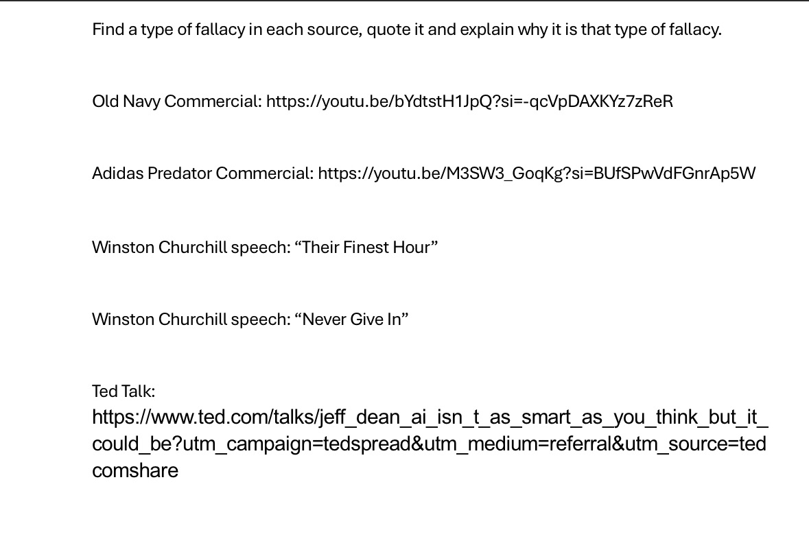 Find a type of fallacy in each source, quote it