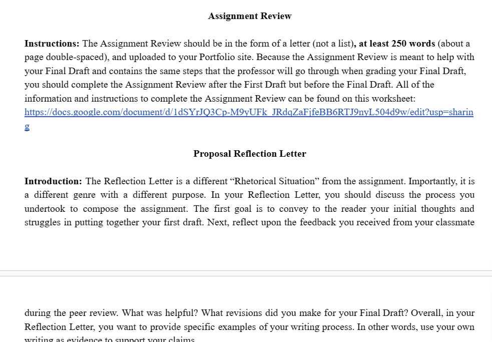 First Draft, Final Drafi, Assignment Review, &