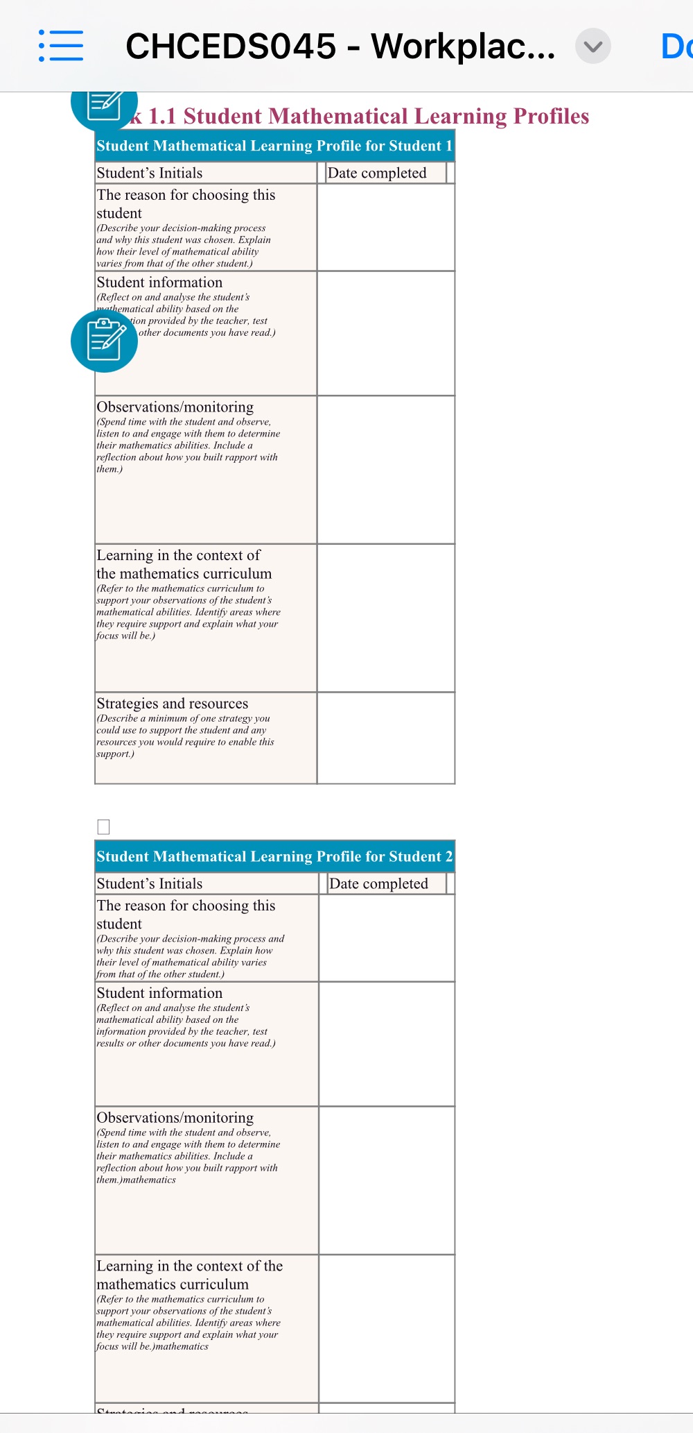 CHCEDSO045 - Workplac... v D Student Mathematical