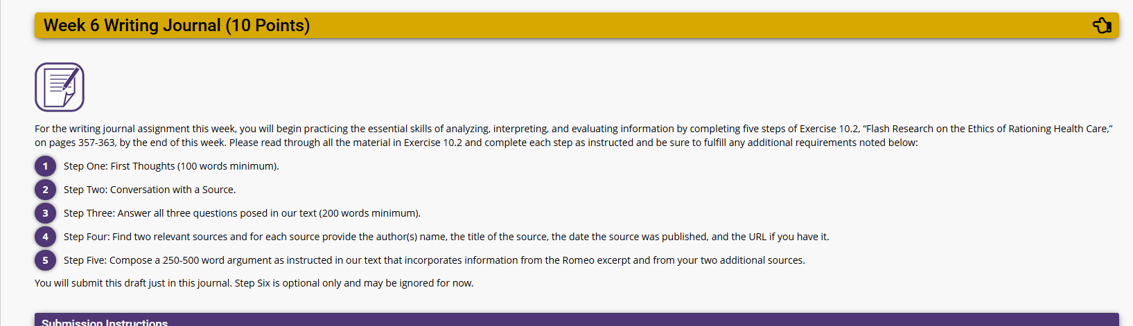 For the writing journal assignment this week. you