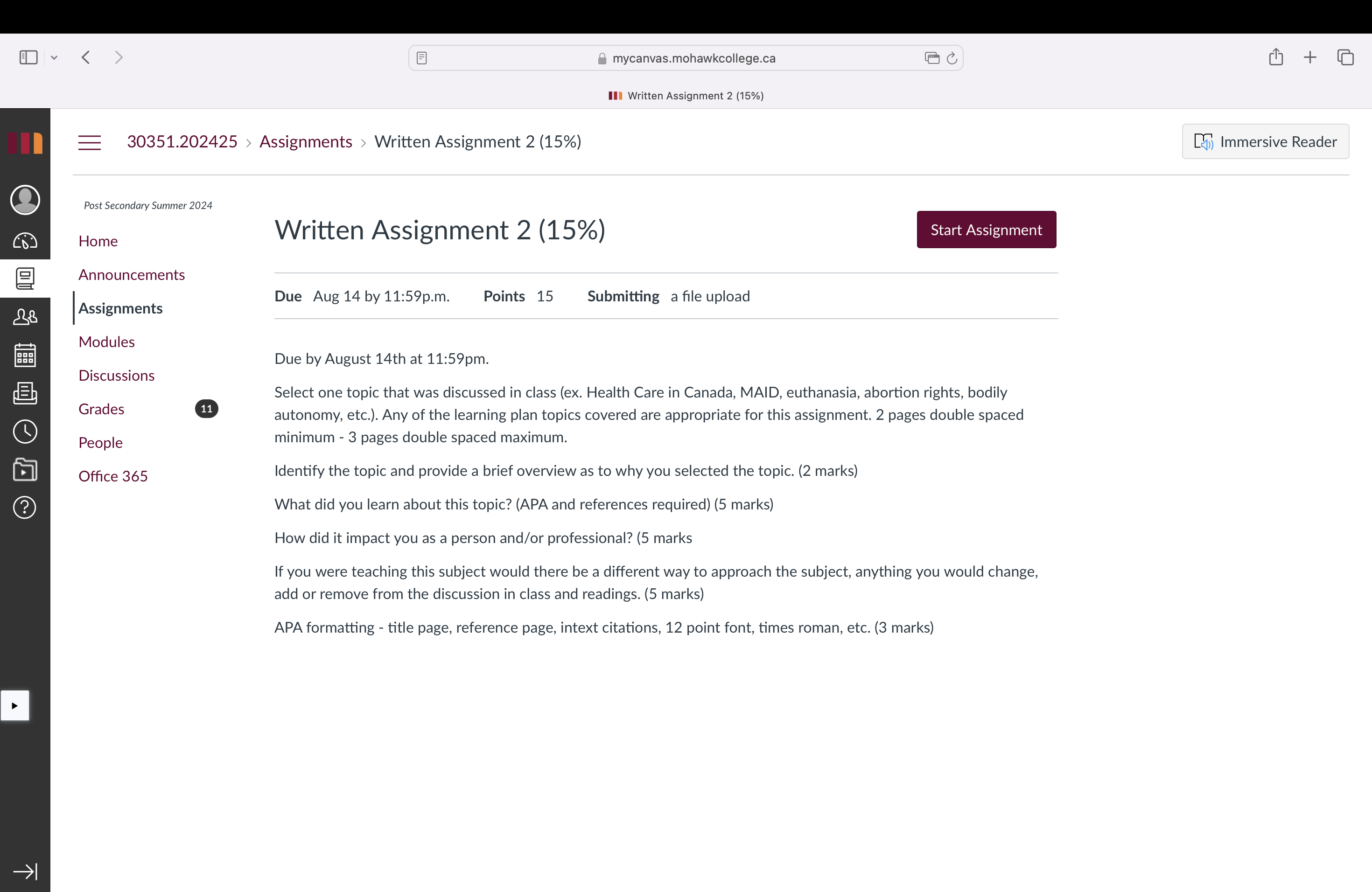 & + O B mycanvas.mohawkcollege.ca 11} Written