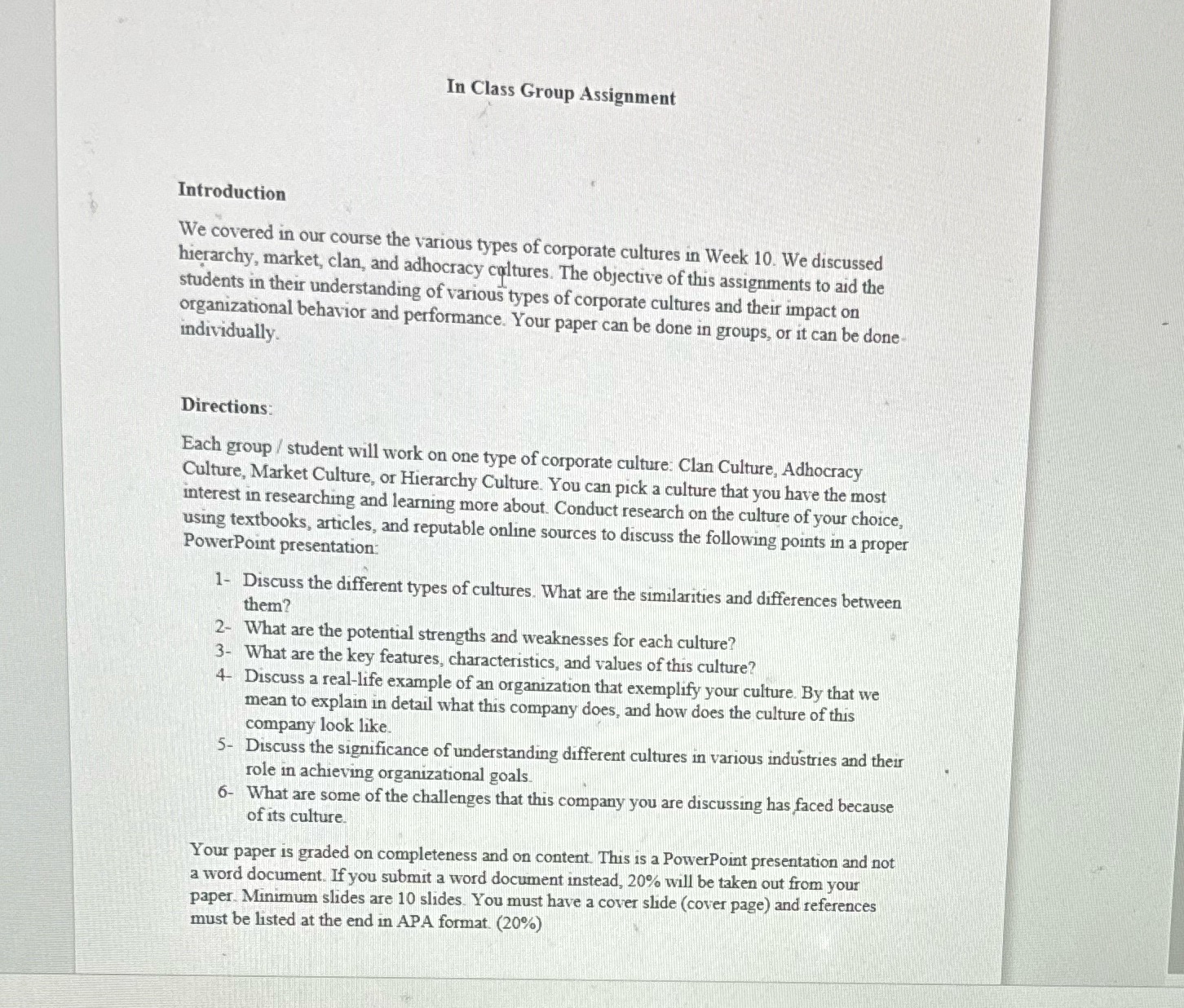 In Class Group Assignment Introduction We covered