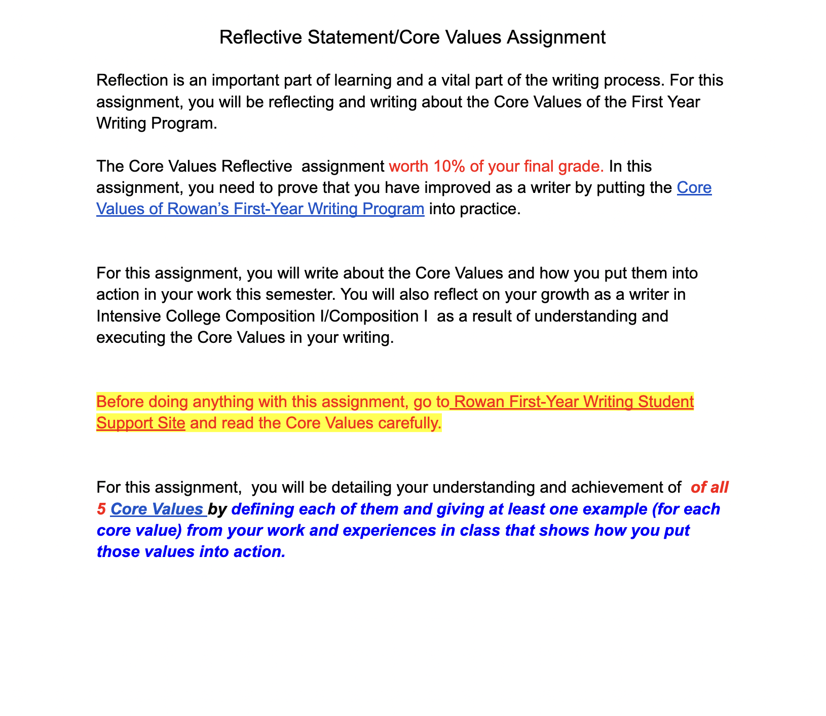 Reflective Statement/Core Values Assignment