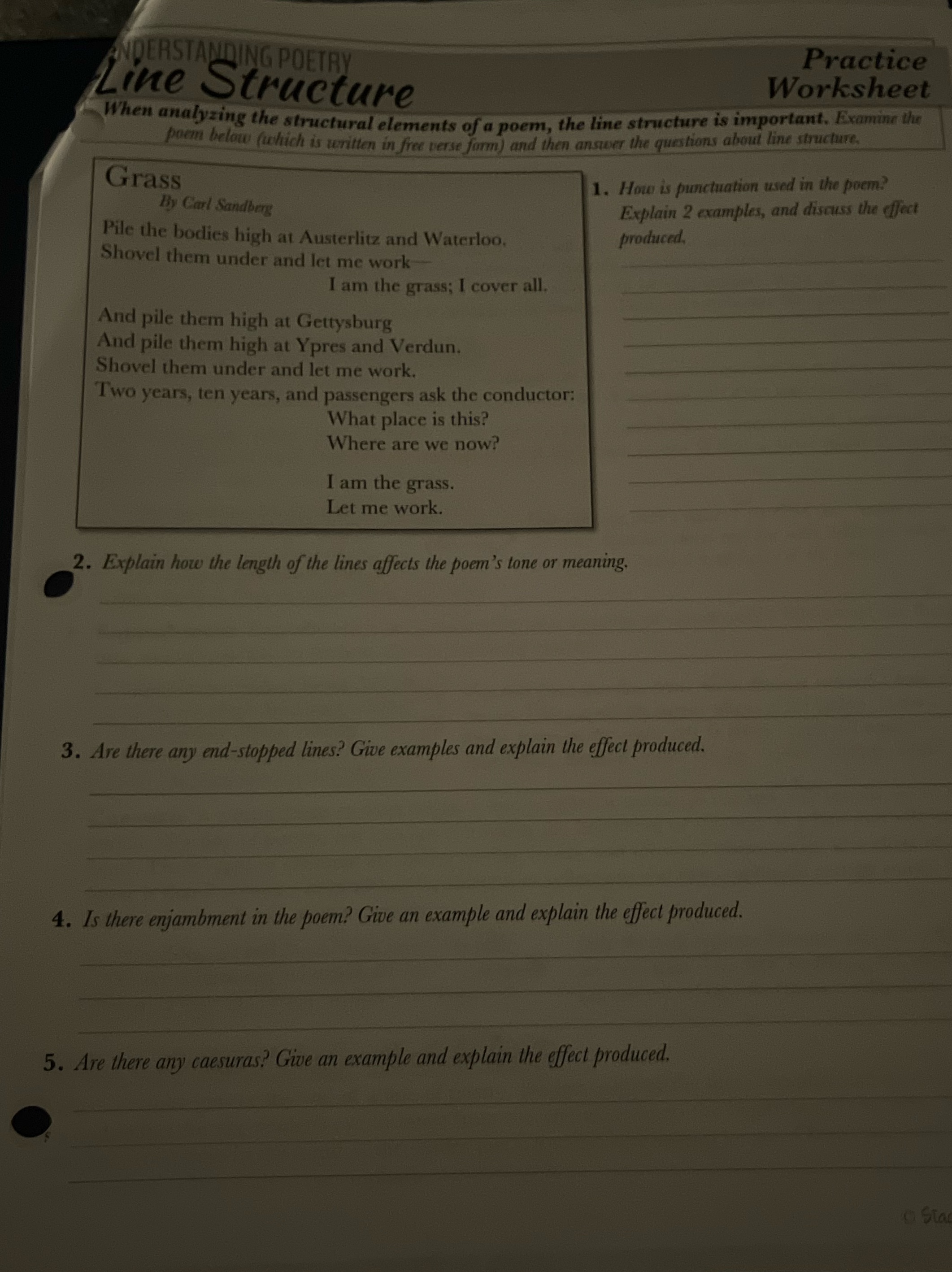 ANSWER ENDERSTANDING POETRY Practice Line