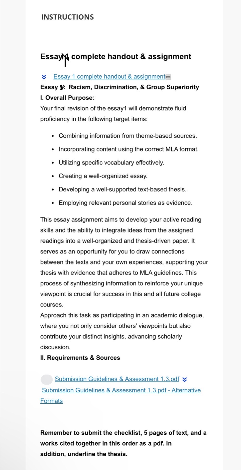 Instructions: Essayer 1 complete handout &