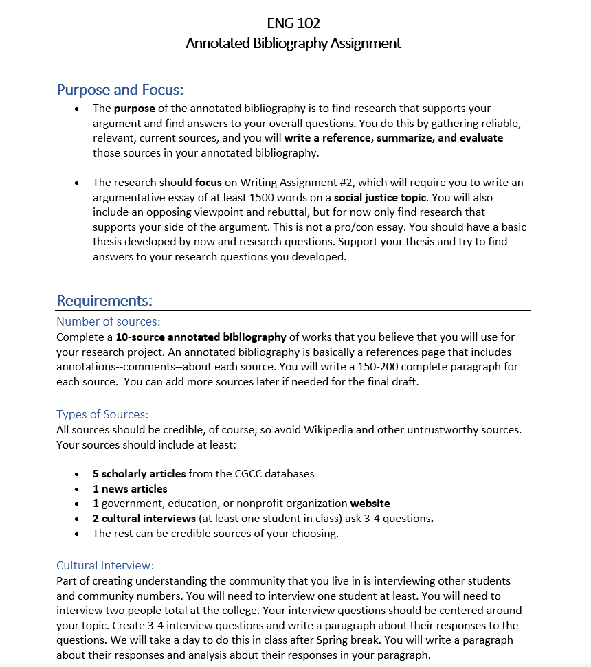 ENG 102 Annotated Bibliography Assignment Purpose