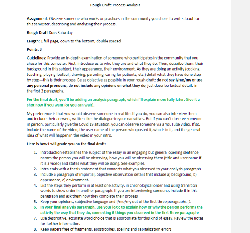 Rough Draft: Process Analysis Assignment: Observe