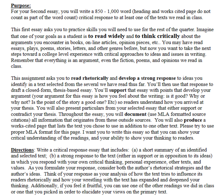 Purpose: For your Second essay, you will write a