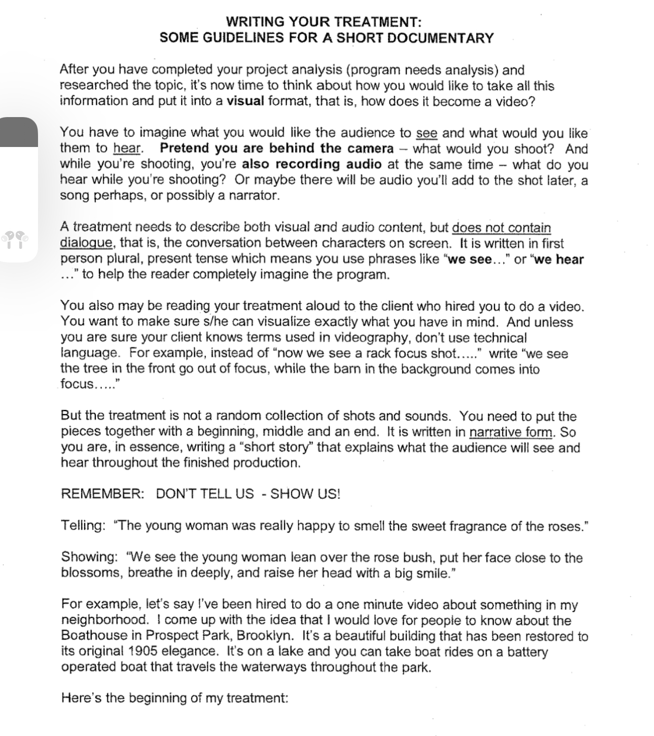 WRITING YOUR TREATMENT: SOME GUIDELINES FOR A