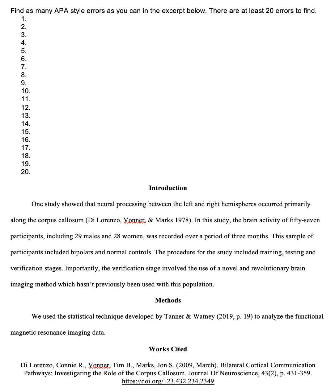 Find as many APA style errors as you can in the