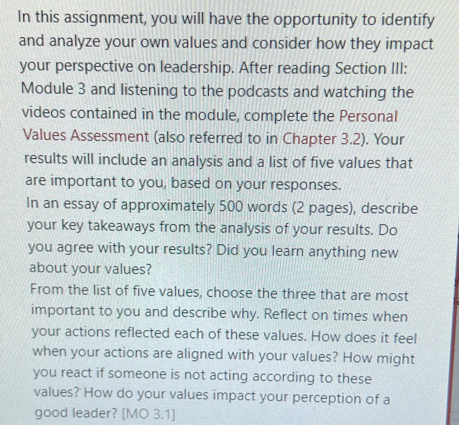 Personal Value Assessment link: Your top 5